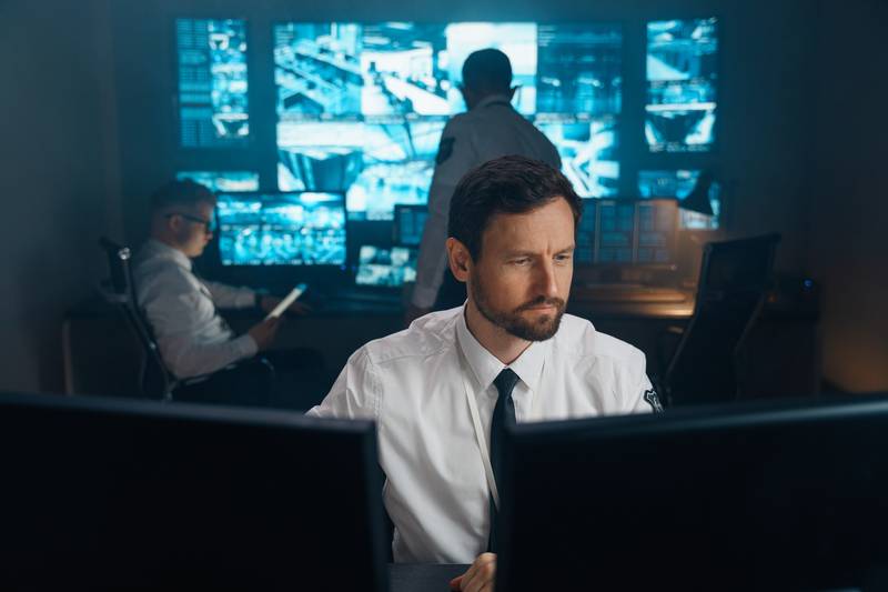 Operator at a control room console in front of a video wall