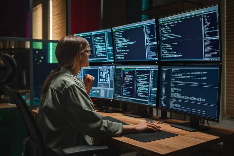 Operator working at a multi-monitor control room workstation